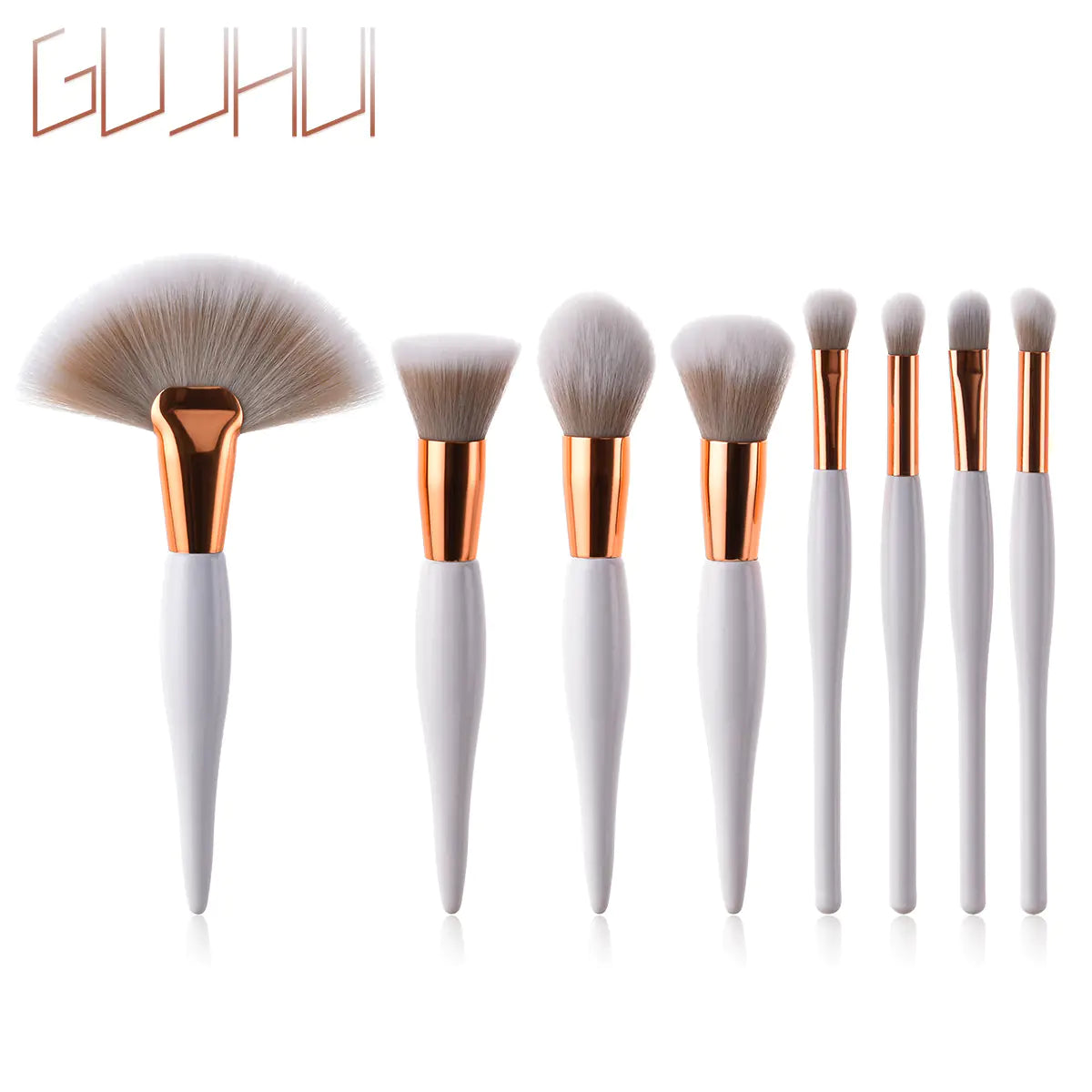 8-Piece Makeup Brush Set with Black Handle and Silver Tubes